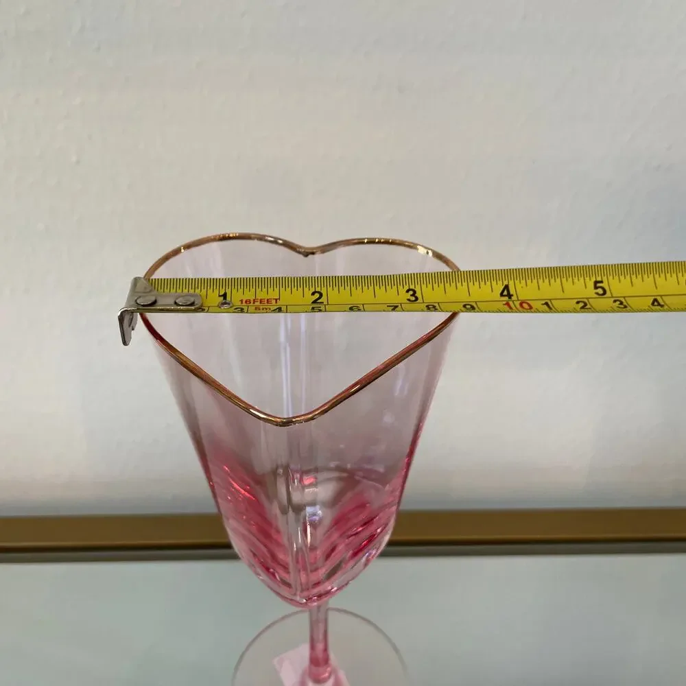Pink Heart Shaped Wine Glasses with Gold Rim Valentines Day Set of 2 NEW